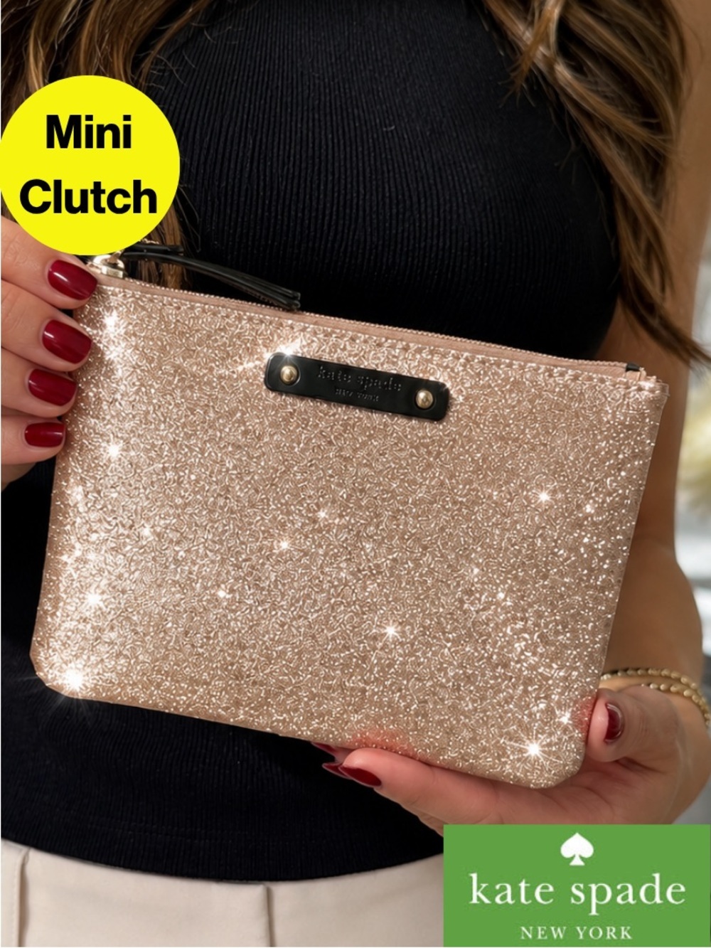 KATE SPADE 🌹🌟 Rose Gold Sparkly Glitter Zip Pouch, Mini Clutch Purse - 4 x 6”